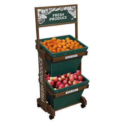 গুণ  2 Layers Display Vegetable Rack For Shop Wooden Fruit Display Stand With Removable Basket কারখানা